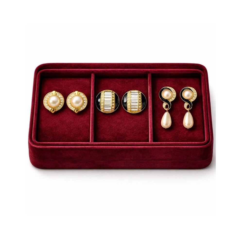 Vintage 1980s Gold Pearl Enamel Crystal Earrings Lot of 3 Stud Dynasty Glam Gift